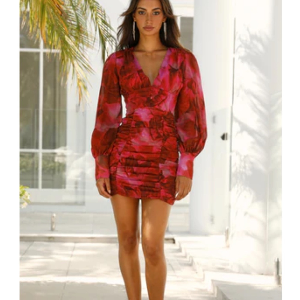 Away Red Floral V‑Neck Ruched Mini Dress
